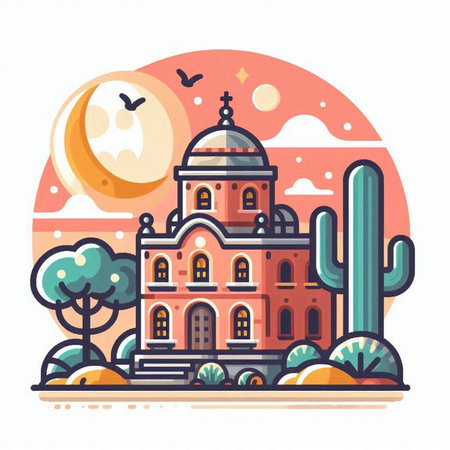Church in the desert. Vector illustration in flat style. Cactus, moon and sun.のイラスト素材