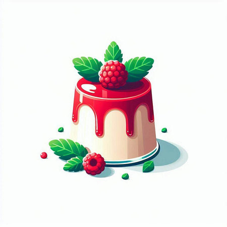 Panna Cotta with raspberries and mint. Vector illustration.のイラスト素材