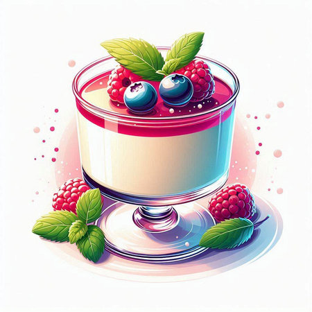Panna cotta dessert with berries and mint, vector illustration.のイラスト素材