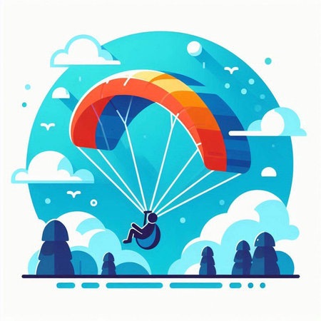 Paraglider flying in the blue sky with clouds. Vector illustration.のイラスト素材