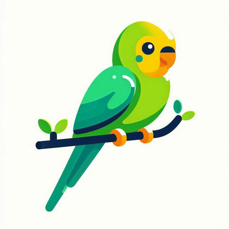 Cute green parrot sitting on a branch. Vector illustration.のイラスト素材