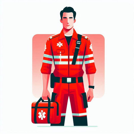 Fireman in red uniform with first aid kit. Vector illustration.のイラスト素材