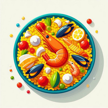 Illustration of a plate of paella with prawns and vegetablesのイラスト素材