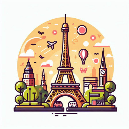 Eiffel tower in Paris, France. Vector illustration in flat styleのイラスト素材