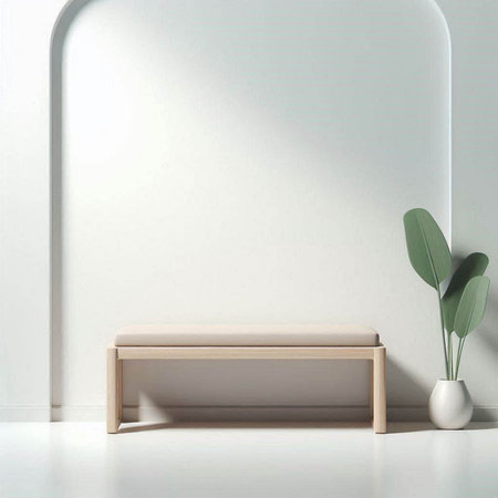 Minimalist interior with wooden bench and plant. 3d renderのイラスト素材