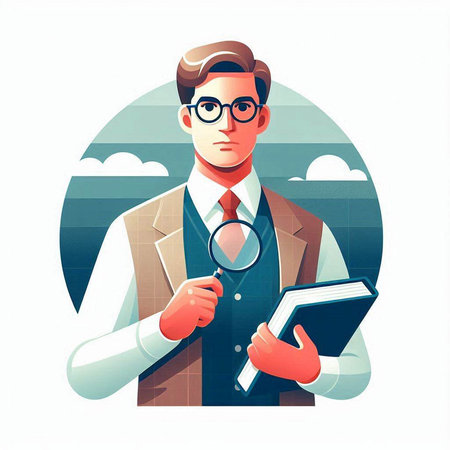 Businessman looking through magnifying glass and holding notebook. Vector illustration.のイラスト素材