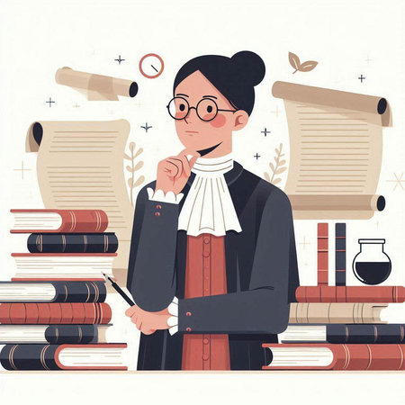 Vector illustration of a young teacher in glasses standing near a pile of booksのイラスト素材