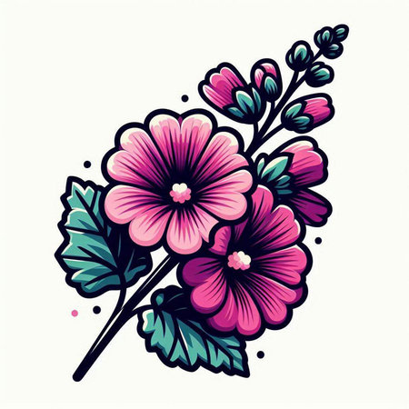 Hand drawn vector illustration of pink mallow flowers isolated on white background.のイラスト素材