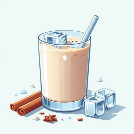 Illustration of a glass of coffee with ice cubes and cinnamon sticksのイラスト素材