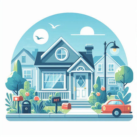 Vector illustration of a private house in a town. Flat style.のイラスト素材