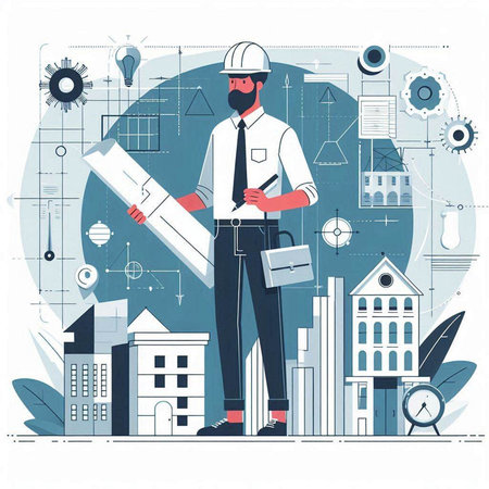 Architect with blueprint. Building and construction concept. Vector illustration in flat styleのイラスト素材