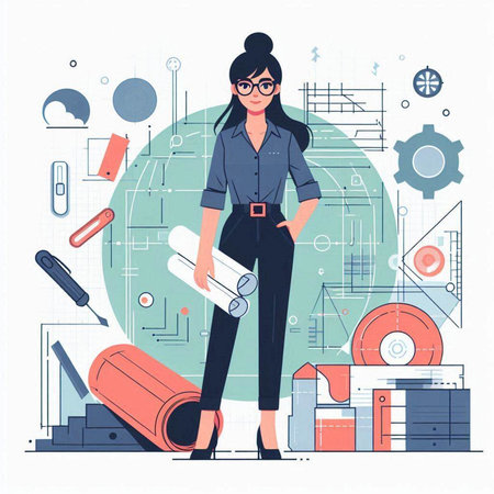 Architect woman in office. Vector illustration in flat design style.のイラスト素材