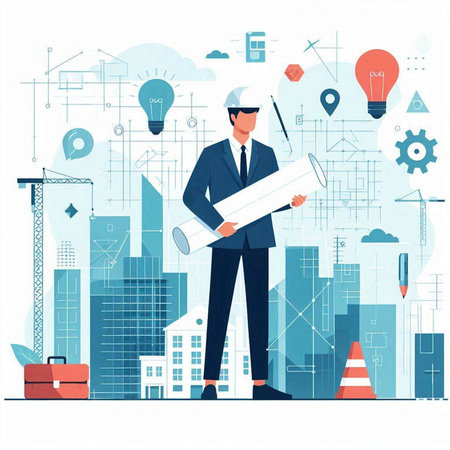 Architect with blueprint. Vector illustration in flat cartoon style. Construction concept.のイラスト素材
