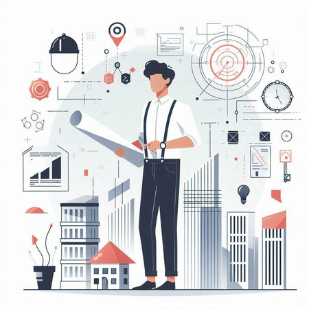 Architect with plans. Vector illustration in flat style. Construction conceptのイラスト素材