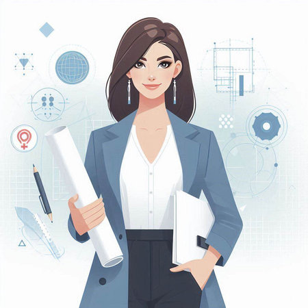 Young businesswoman with blueprints in hands. Business concept. Vector illustration.のイラスト素材
