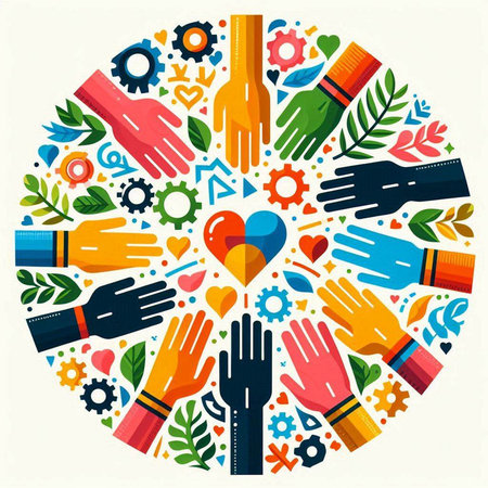 Teamwork concept. Vector illustration in circle form with human hands and symbols.のイラスト素材