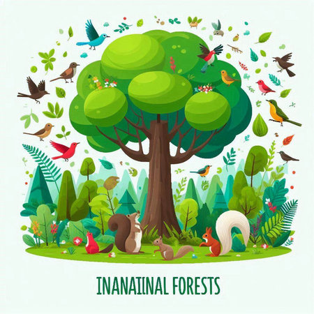Vector illustration of a forest with trees, birds and squirrels.のイラスト素材