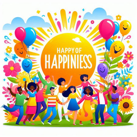 Happy International Day of Happiness Banner with Group of People Holding Balloons in Park. Vector Illustrationのイラスト素材