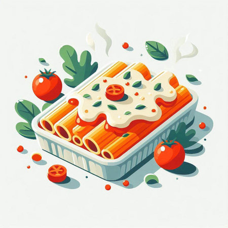 Illustration of lasagna with tomato sauce, mozzarella and basil.のイラスト素材