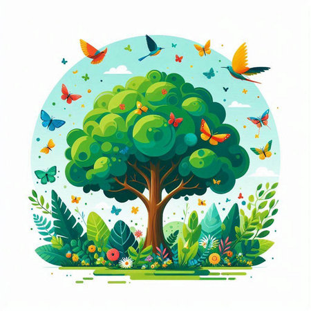 Vector illustration of green tree with butterflies and flowers in the garden.のイラスト素材