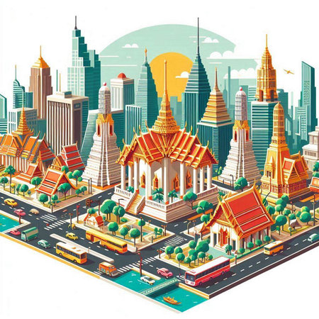 Bangkok city isometric composition with famous landmarks and skyscrapers vector illustrationのイラスト素材