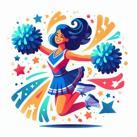 Cheerleader with pompoms jumping in the air. Vector illustration.のイラスト素材