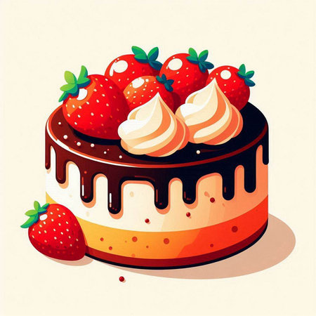 Vector illustration of a chocolate cake with strawberries on a white background.のイラスト素材