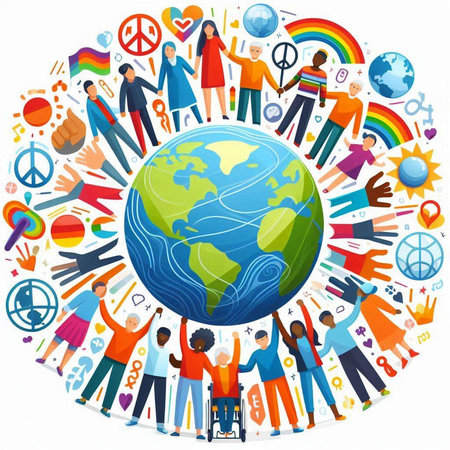 International day of peace concept with diverse people around globe. Vector illustration.のイラスト素材