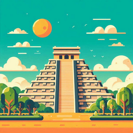 Mayan pyramid in the park. Vector illustration in flat style.のイラスト素材