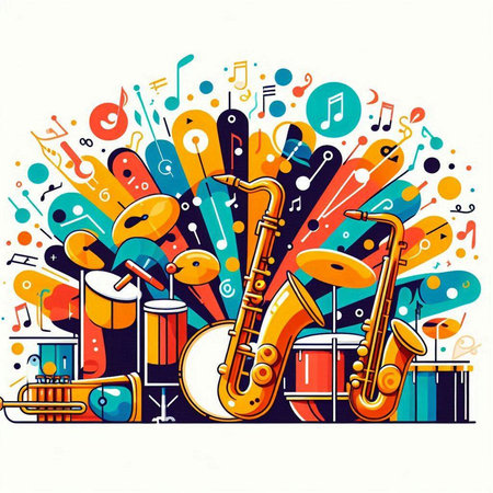 Music background with saxophone, drums and notes. Vector illustration.のイラスト素材