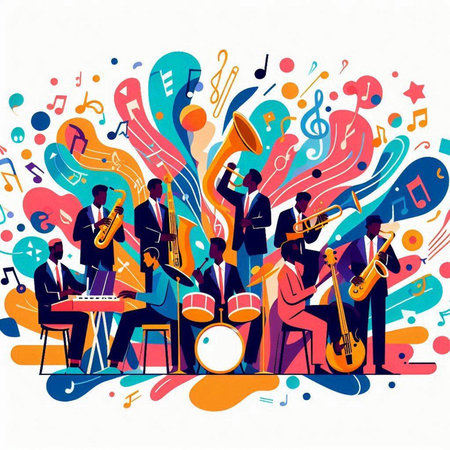Musicians playing musical instruments on colorful music background. Vector illustration.のイラスト素材