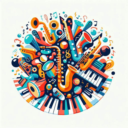 Colorful vector hand drawn cartoon doodle music illustration. Round composition with musical instrumentsのイラスト素材
