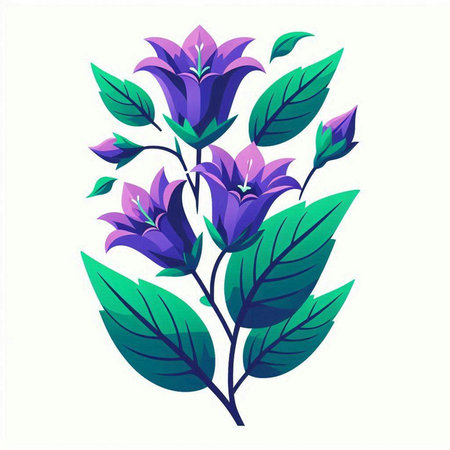 Beautiful purple flowers with green leaves on white background. Vector illustration.のイラスト素材