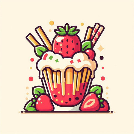 Strawberry cupcake with whipped cream and fresh berries. Vector illustration.のイラスト素材