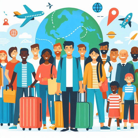 People of different nationalities and cultures traveling together, vector illustration.のイラスト素材