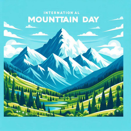 International Mountain Day poster design with mountains and river. Vector illustration.のイラスト素材