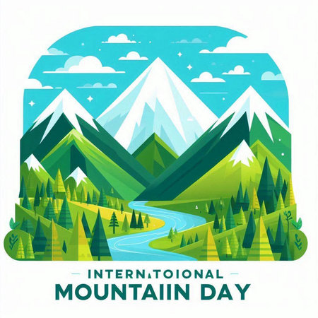 International Mountain Day poster with mountains, river and forest. Vector illustration.のイラスト素材