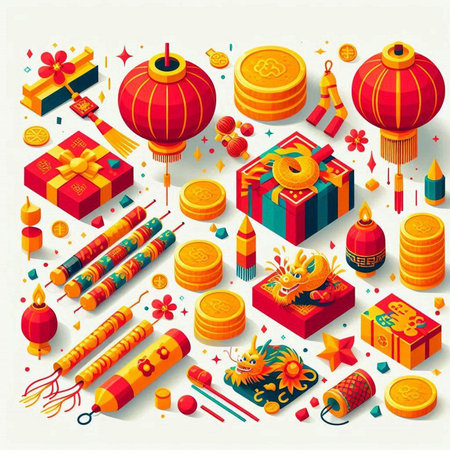 Chinese New Year isometric icons set with paper lanterns and firecrackers isolated vector illustrationのイラスト素材