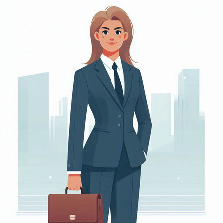 Businesswoman in a suit with a briefcase. Vector illustration.のイラスト素材