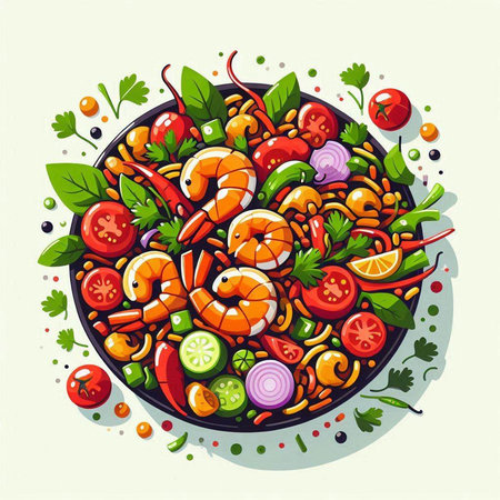 Seafood salad with shrimps, prawns, tomatoes, cucumbers, onions, peppers and parsley. Vector illustration.のイラスト素材