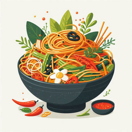 Spaghetti with vegetables and herbs in a bowl. Vector illustration.のイラスト素材
