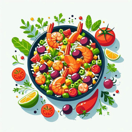 Salad with shrimps, tomatoes and olives. Vector illustration.のイラスト素材