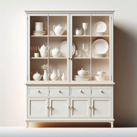 White cupboard with dishes and crockery. 3d renderingのイラスト素材