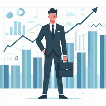 Businessman with briefcase standing on the background of business graph. Vector illustrationのイラスト素材