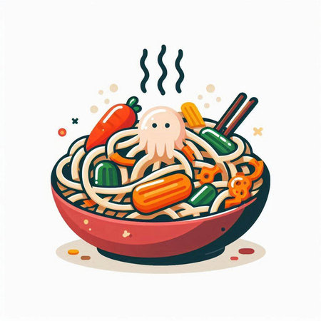 Noodles with octopus and vegetables in bowl. Vector illustration.のイラスト素材