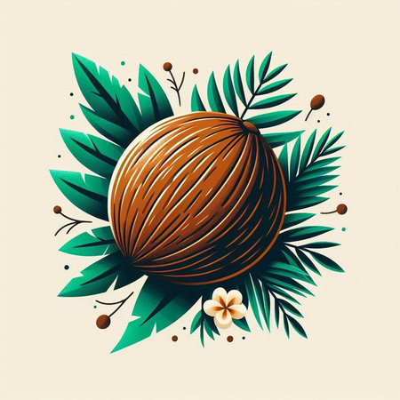 Tropical palm leaves and coconut. Vector illustration in retro styleのイラスト素材