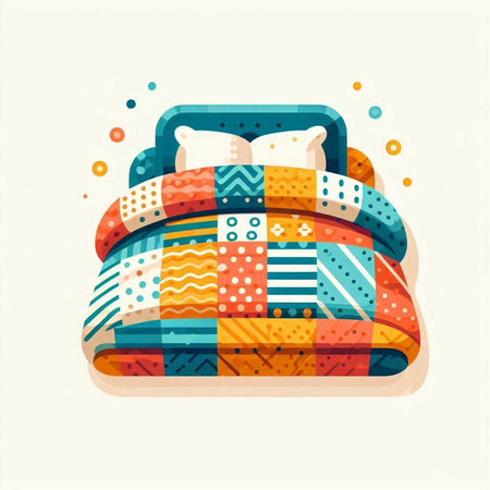 Vector illustration of a bed with colorful pillows in retro style.のイラスト素材