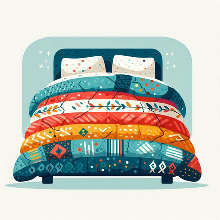 Vector illustration of a bed with colorful pillows and plaidsのイラスト素材