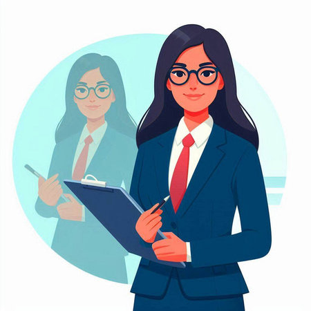 Business woman in a business suit and glasses with a folder. Vector illustration.のイラスト素材