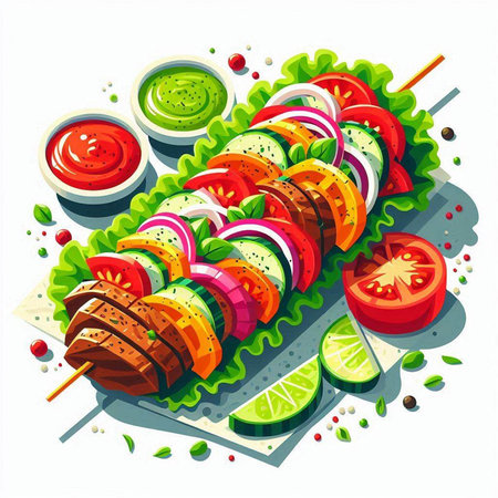 Vector illustration of vegetable kebab with tomato, cucumber and onion on skewersのイラスト素材